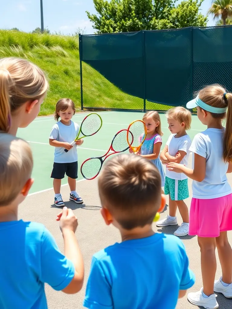 A group of children participating in a tennis clinic at TCR Tennis Club, focusing on learning basic tennis skills with guidance from a coach.