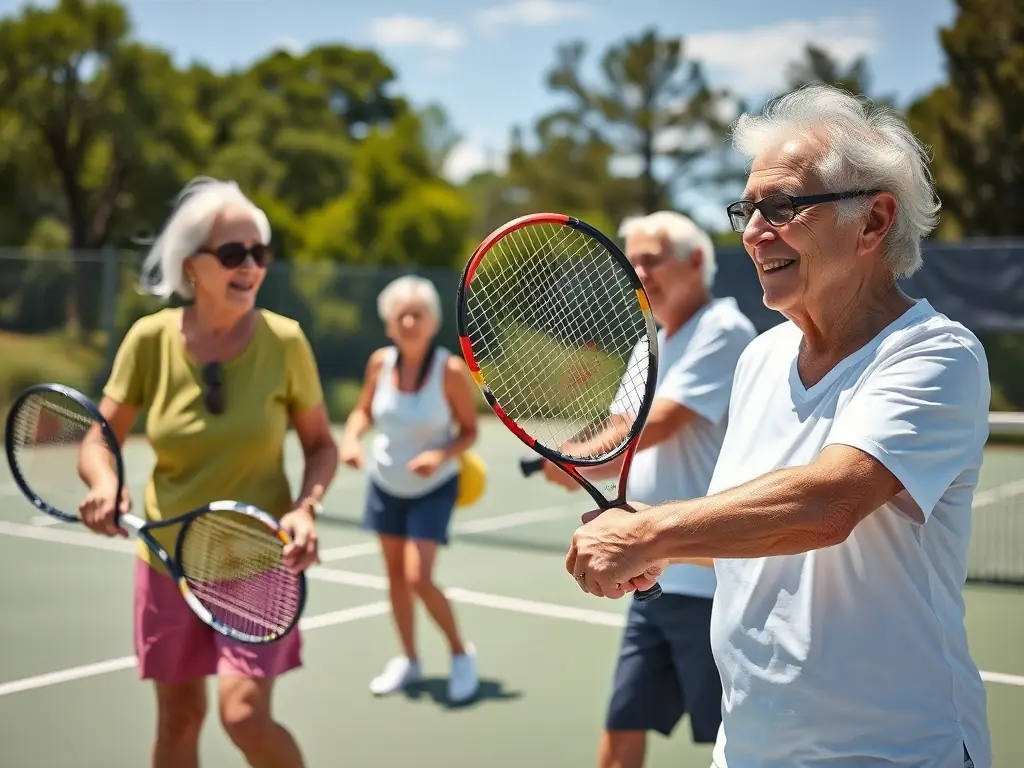 A serene image of senior players participating in a gentle tennis session, emphasizing the health and social benefits of tennis for older adults at TCR Tennis Club.