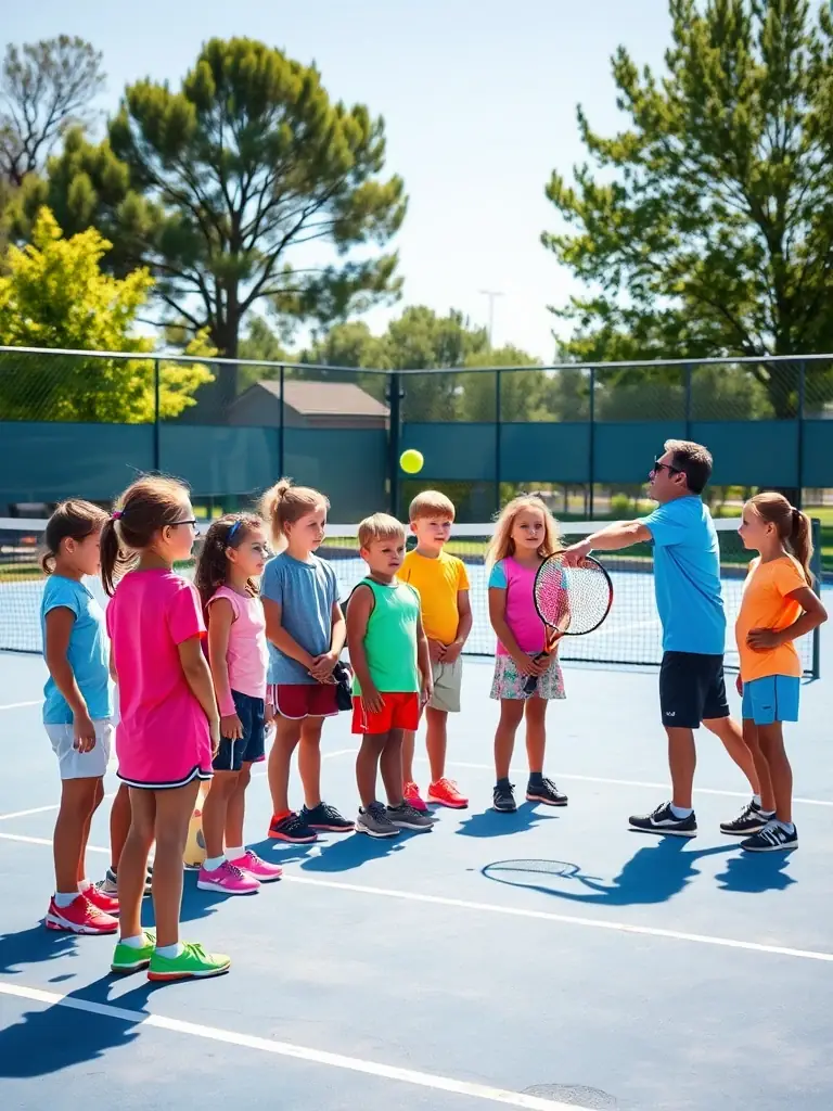 A group of young children participating in a tennis lesson on a sunny outdoor court at TCR Tennis Club, with a coach demonstrating proper technique.