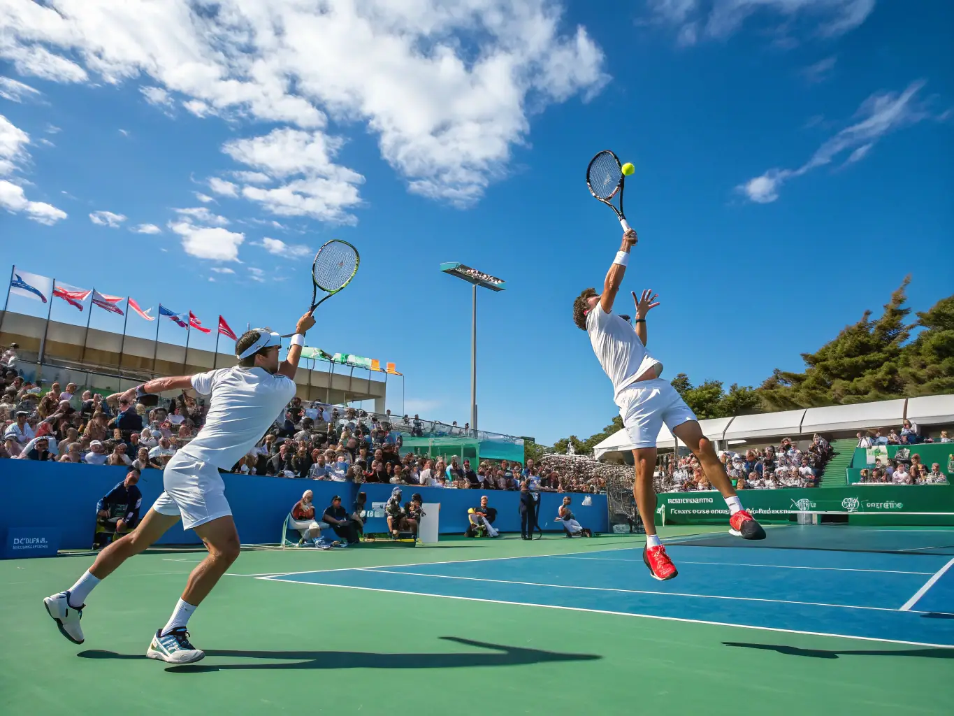 A dynamic image of adult players engaged in a competitive tennis match at TCR TENNIS CLUB DE RIVEDOUX-PLAGE, highlighting the intensity and camaraderie of the sport.
