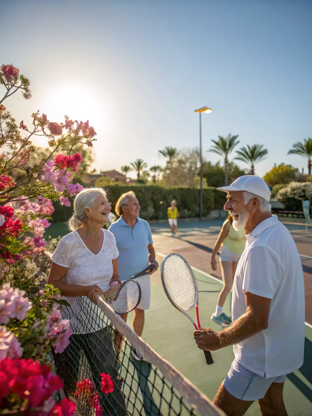 A photo of senior citizens enjoying a friendly tennis match at TCR Tennis Club, highlighting the club's commitment to active aging.