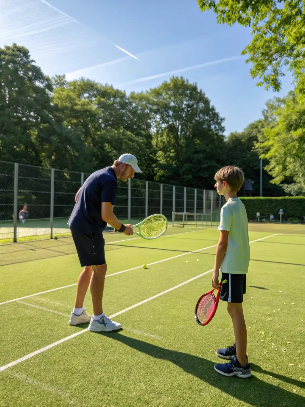 A senior player receiving personalized coaching from a tennis professional at TCR Tennis Club, focusing on technique and fitness.