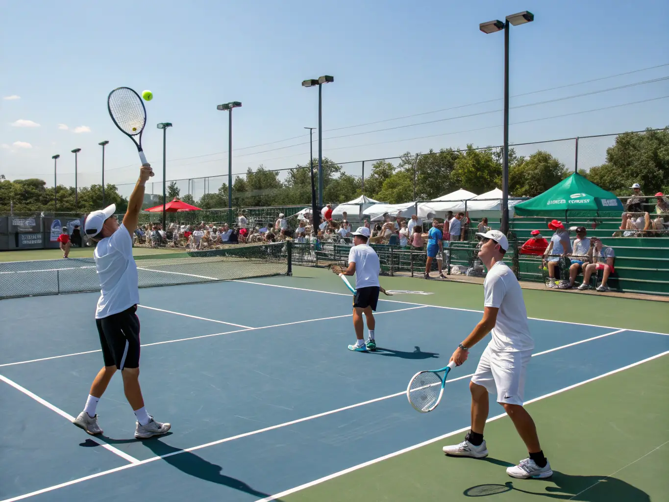 An image of adult players engaged in a friendly doubles match, highlighting the social and competitive aspects of the adult tennis programs at TCR Tennis Club.