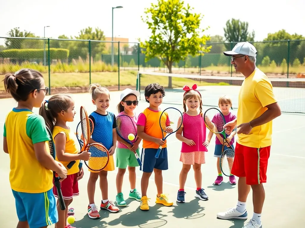 A vibrant image of children participating in a tennis clinic at TCR TENNIS CLUB DE RIVEDOUX-PLAGE, showcasing their enthusiasm and engagement in the sport.