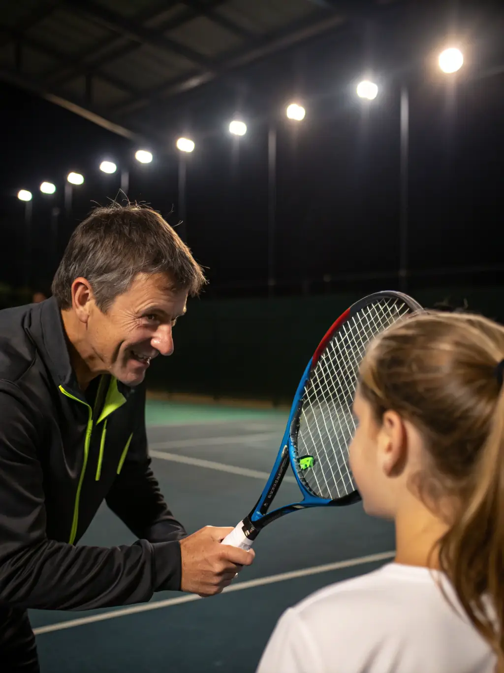 A coach mentoring a young tennis player at TCR Tennis Club, emphasizing skill development and personalized training.