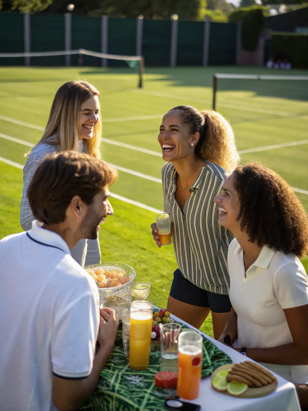 A group of diverse members laughing and socializing after a tennis session at TCR Tennis Club, emphasizing the club's friendly and inclusive community.