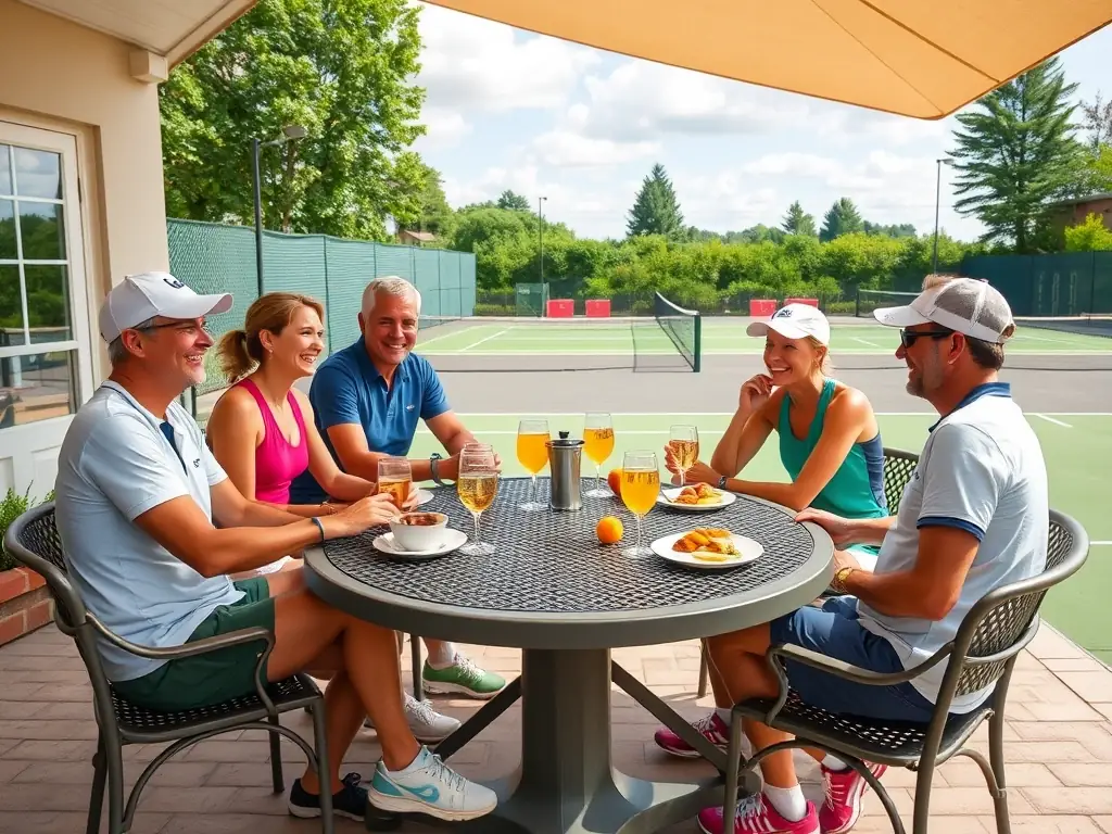 A group of TCR Tennis Club members laughing and socializing after a friendly match on a sunny day.