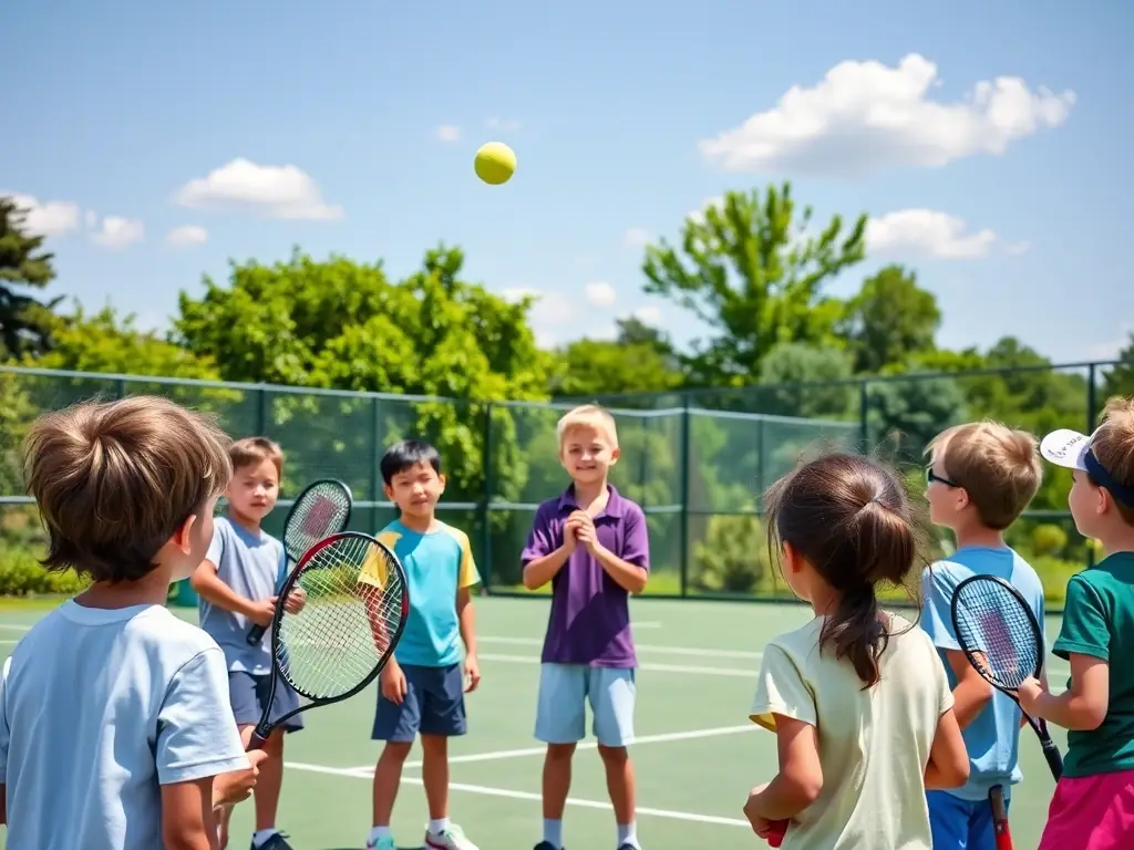 A vibrant image of diverse players of all ages enjoying a tennis lesson on our courts, smiling and engaging in the game.