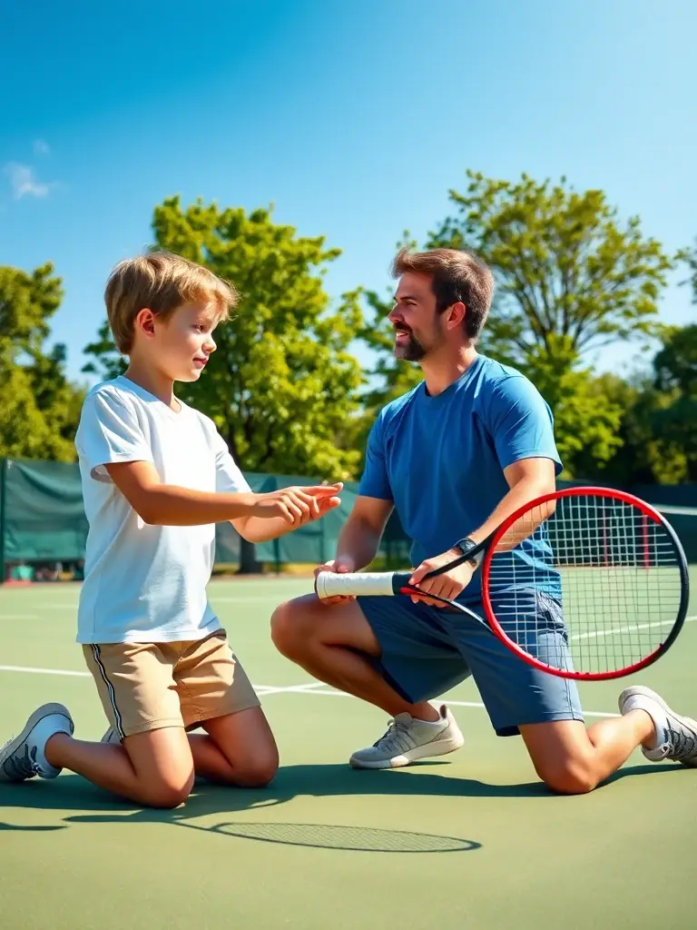 A close-up shot of a tennis coach providing personalized instruction to a member at TCR Tennis Club, highlighting the club's commitment to skill development.
