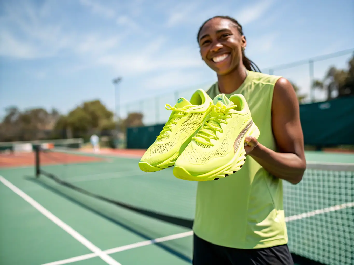 A person smiling while playing tennis, showcasing the joy and health benefits of the sport.