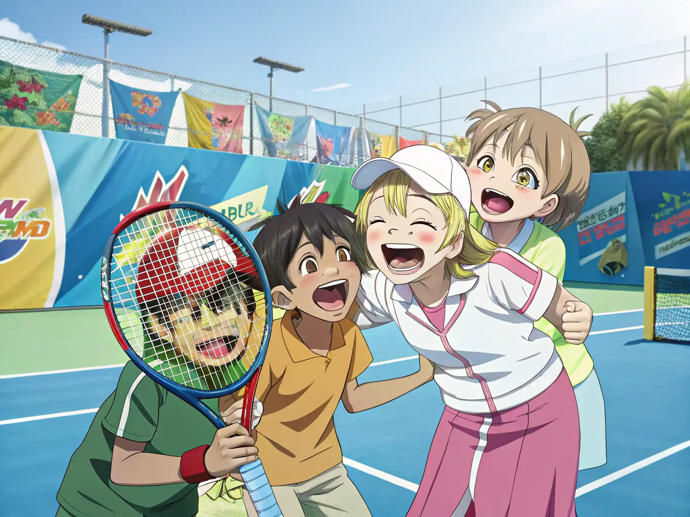 A dynamic shot of children participating in a tennis clinic, showcasing their enthusiasm and engagement with the sport, set against the backdrop of the TCR Tennis Club's well-maintained courts.